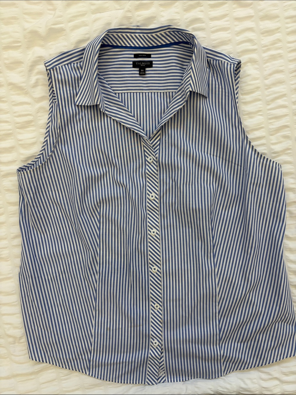 Talbots Blue/White Vertical-Striped Sleeveless Button-Down Shirt. Petite No Iron